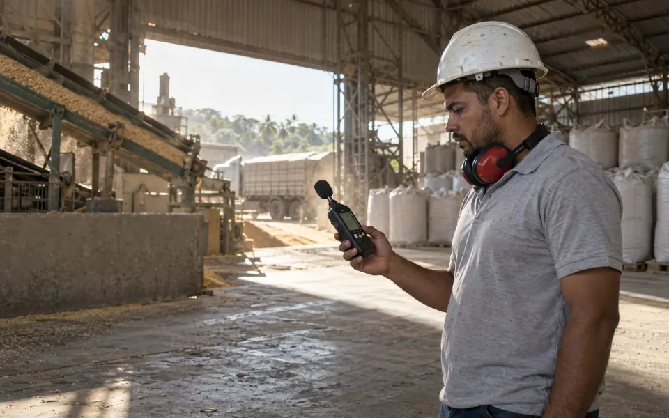 Técnico de segurança do trabalho medindo o nível de ruído com um decibelímetro dentro de um armazém